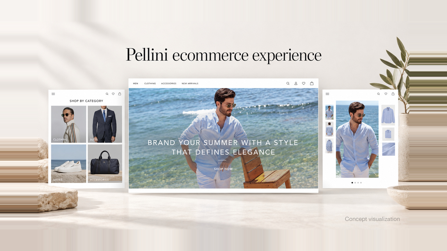 Concept visualization of the Pellini storefront: a wide lookbook header above a seasonal menswear grid