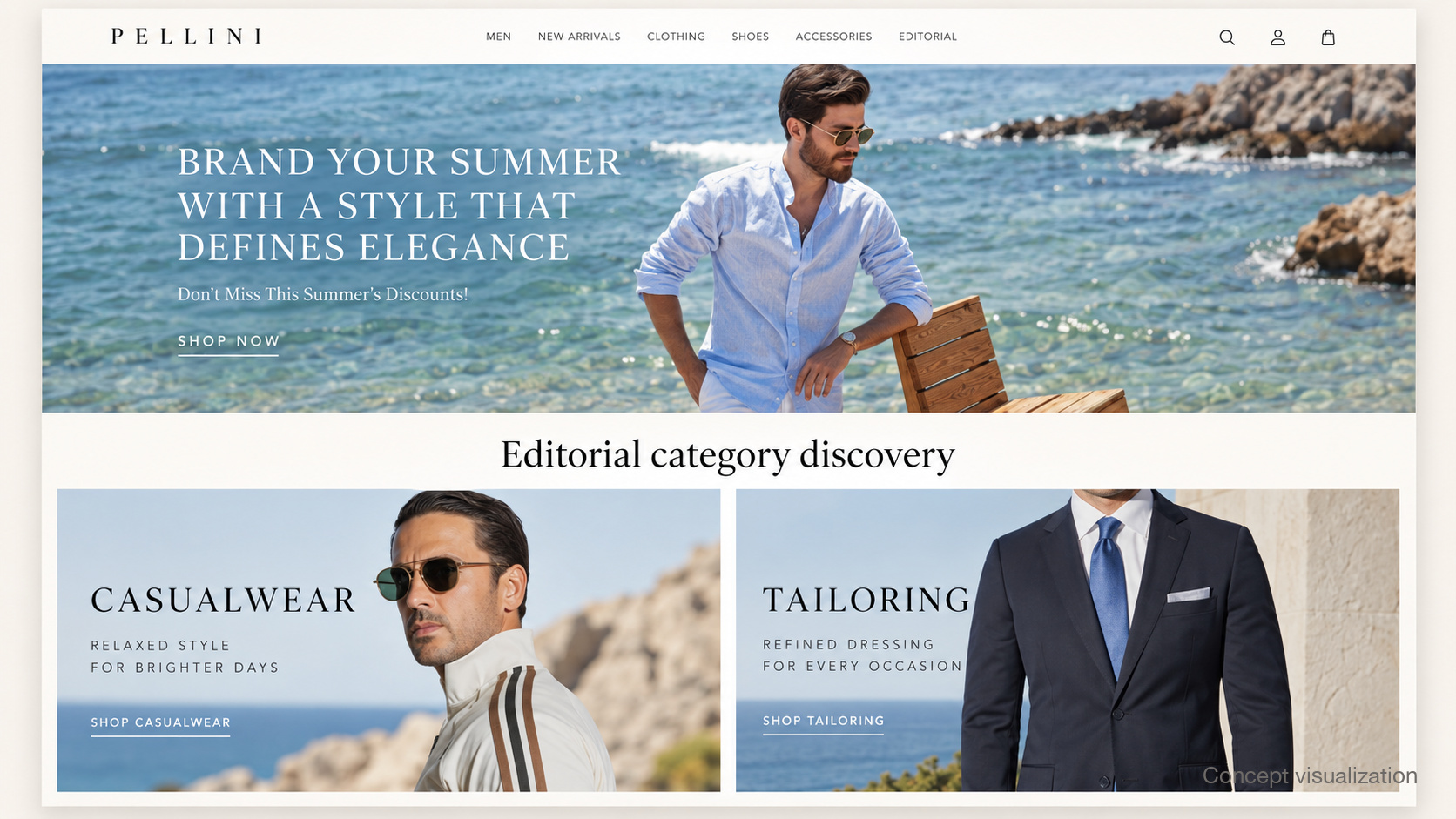 Concept visualization of the Pellini category browse: tailoring, knitwear and outerwear tiles with seasonal filters