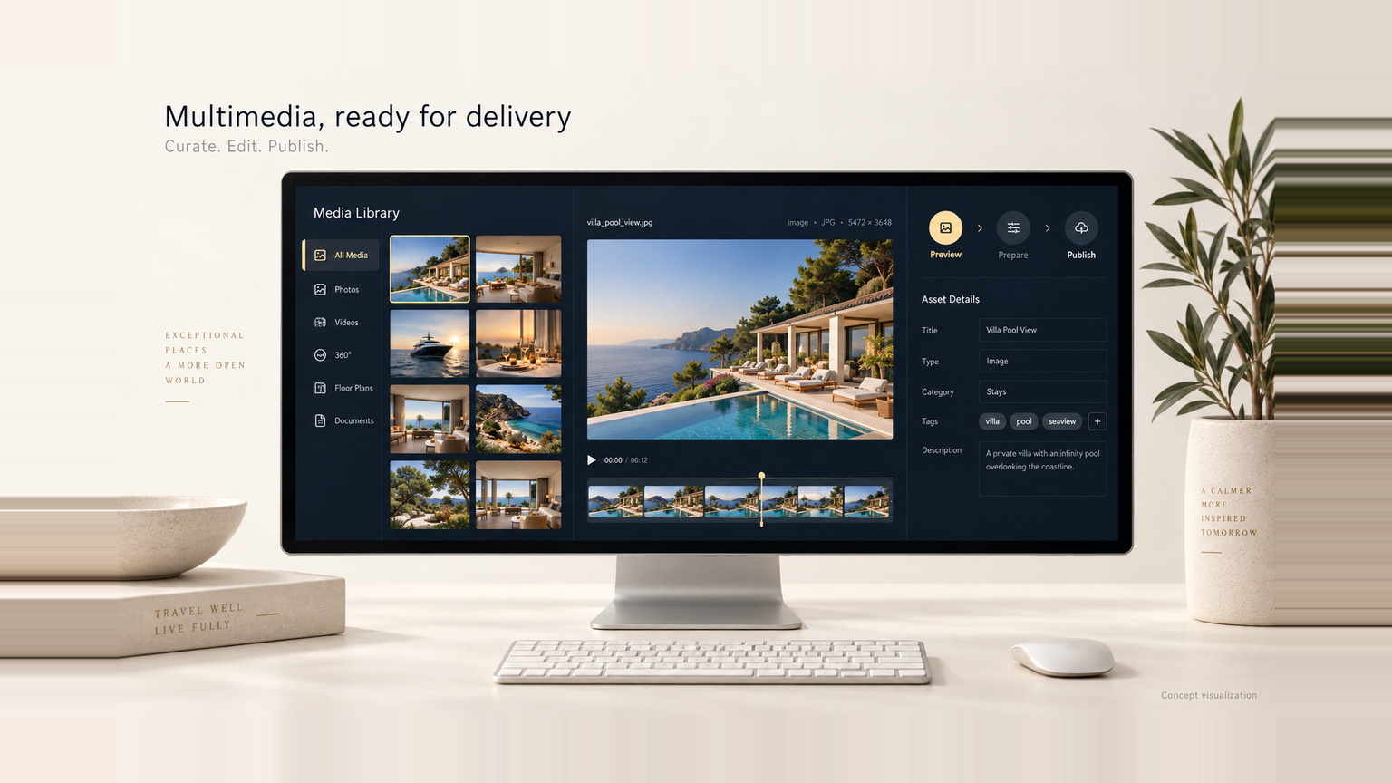 A monitor showing a media library with a villa preview, an asset details panel, and preview, prepare and publish steps