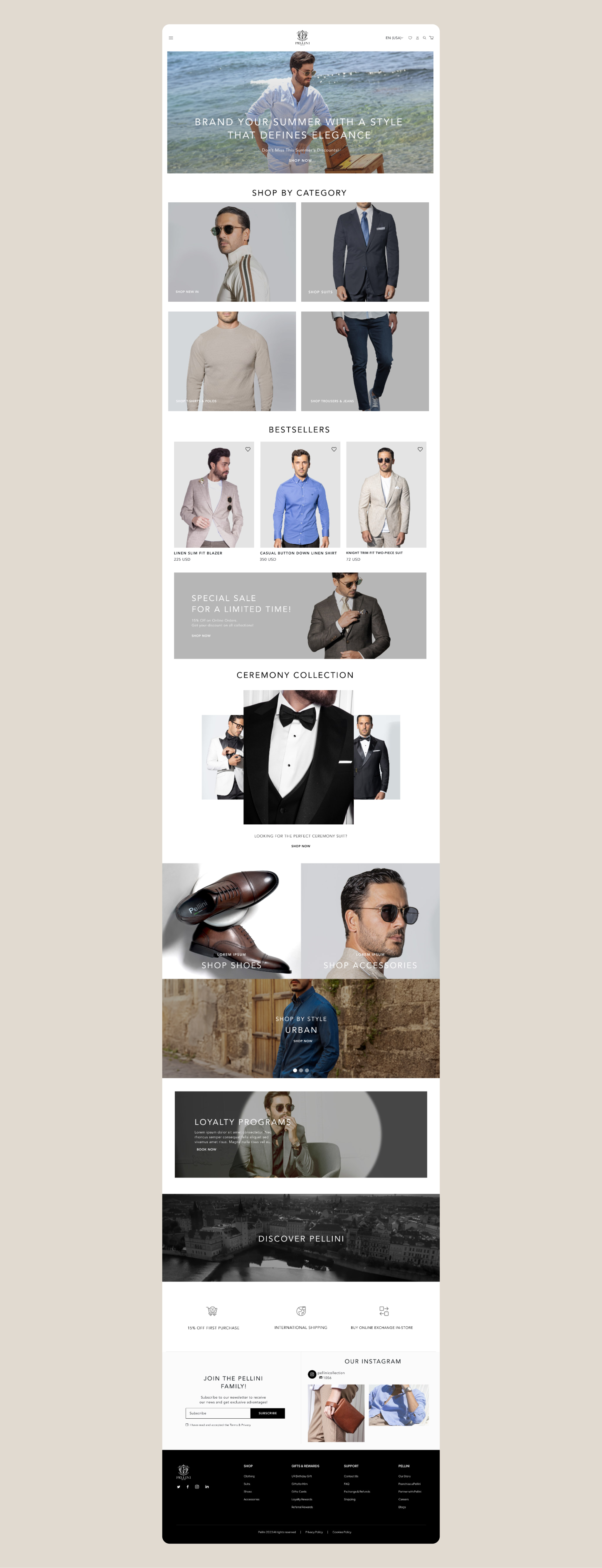 Full-page capture of the Pellini campaign site, showing the menswear lookbook hero and seasonal product rows