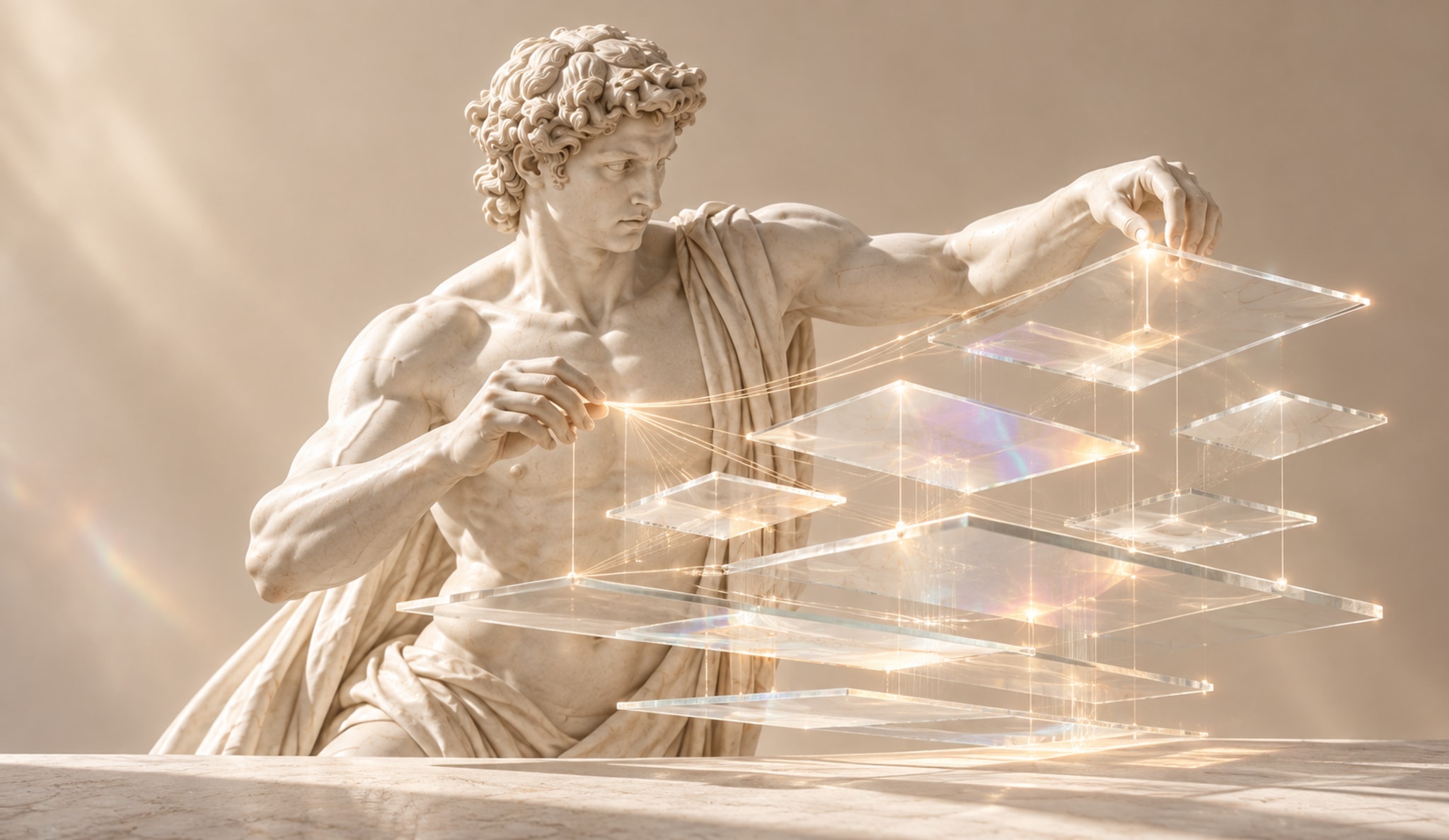 Marble systems architect shaping a luminous glass structure, symbolizing design and engineering in harmony
